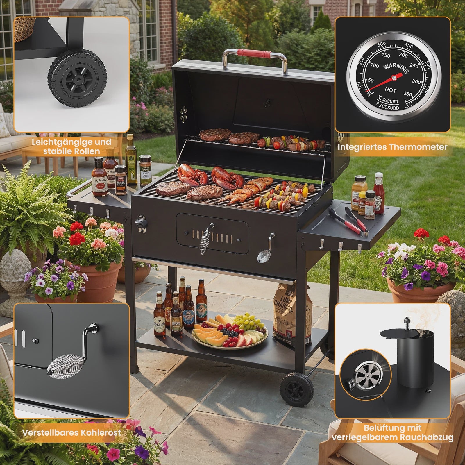 Devoko Professionele Koolbarbecue Trolley met Thermometer en Zijpanelen
