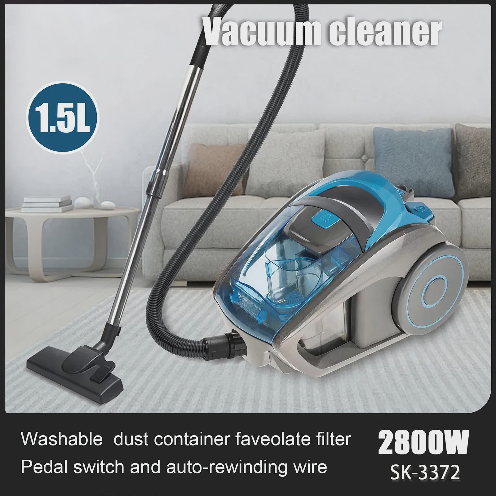 Krachtige Zakloze Stofzuiger 2800W met 15000PA Zuigkracht & Multi-Cyclonic Filtratie