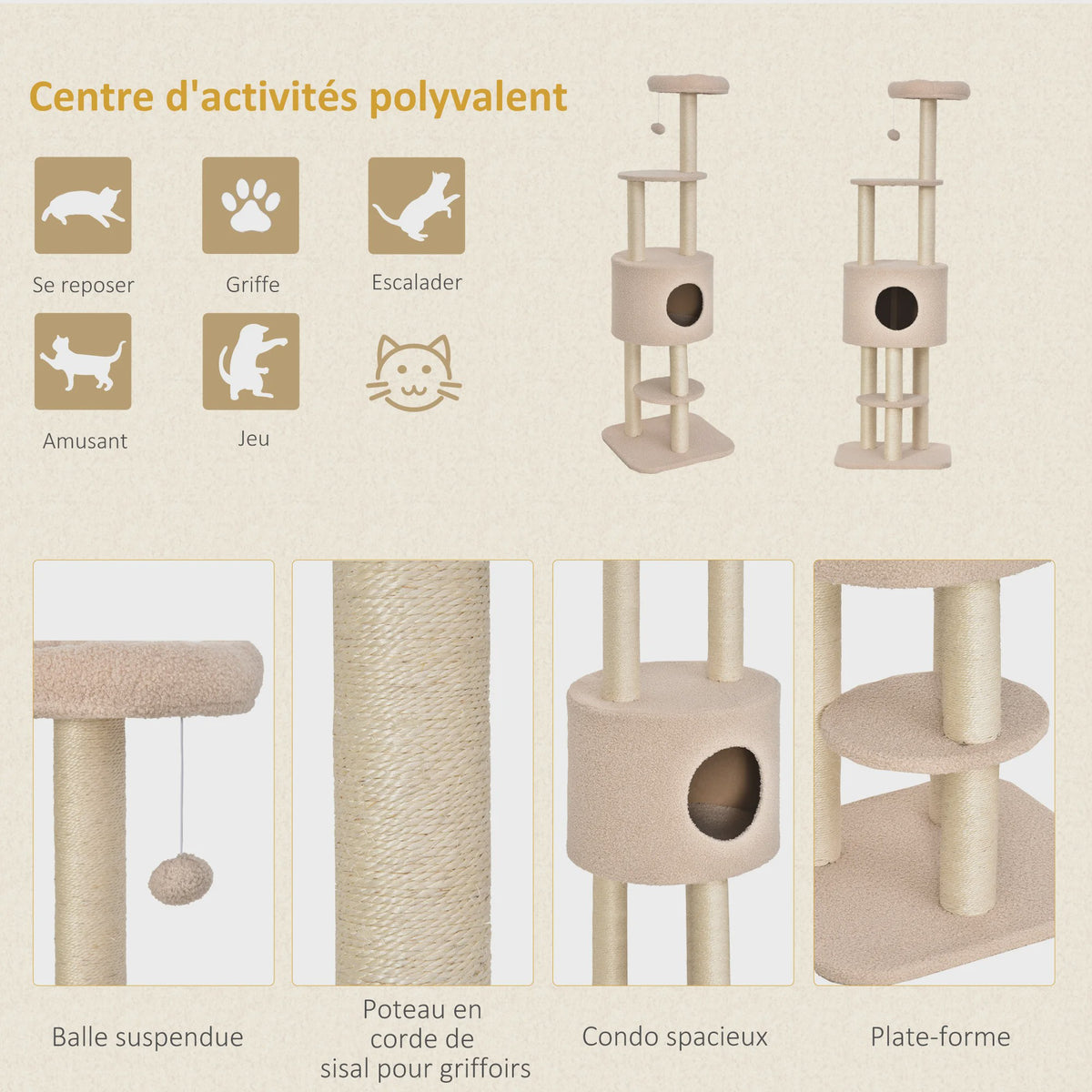 Luxe Kattenboom met Krabpaal, Niche en Plateau - Beige
