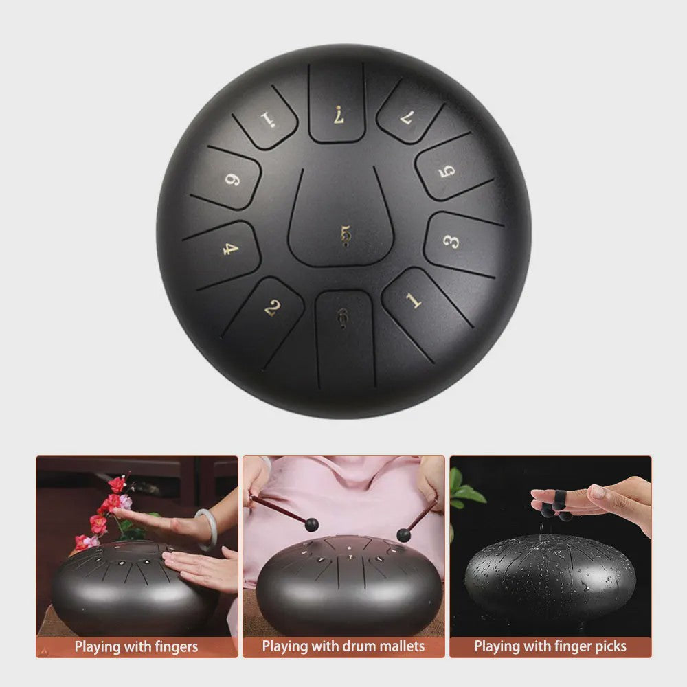 10 Inch Steel Tongue Drum met 11 Tonen - Inclusief Mallet, Vingerbeschermers en Draagtas
