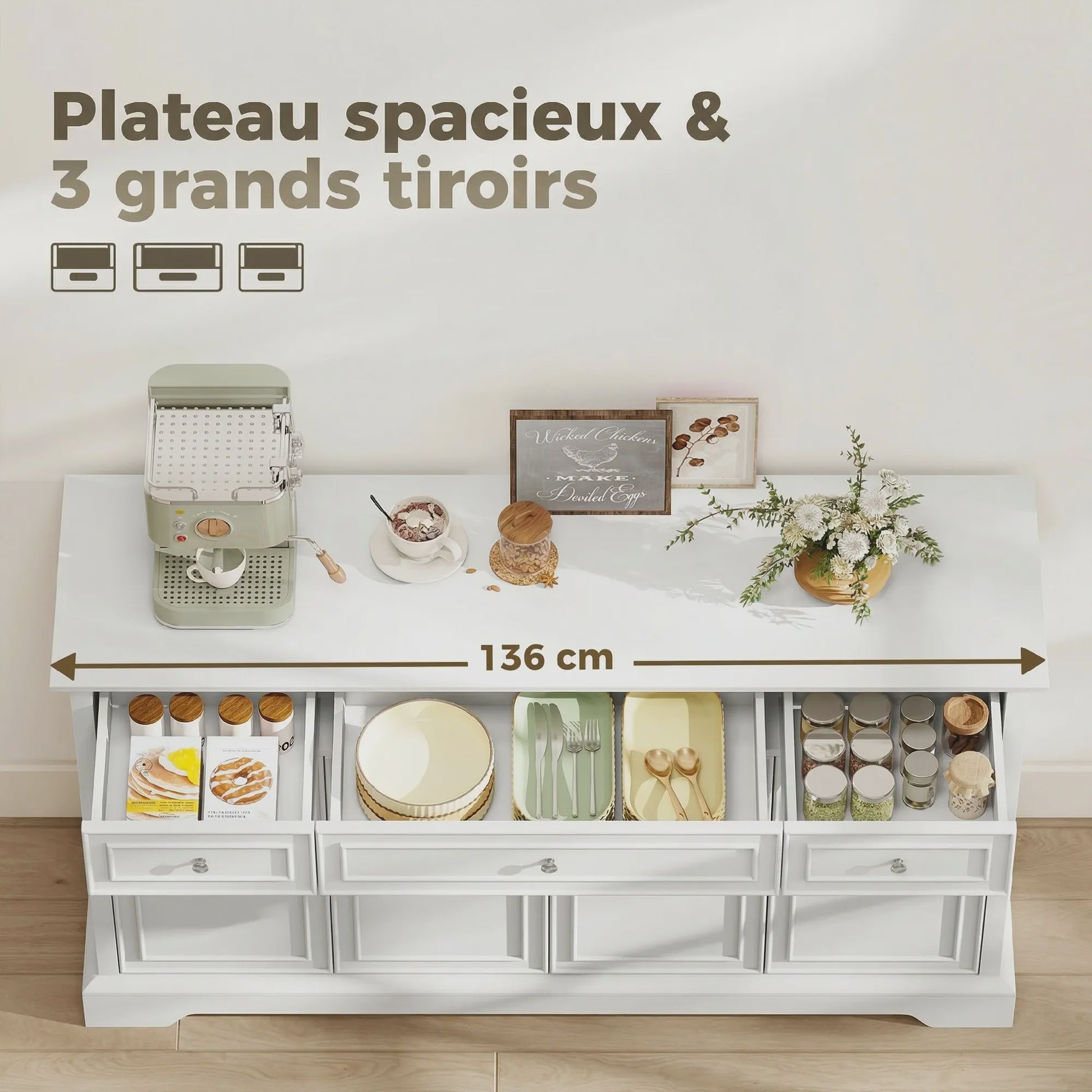 HOMCOM Buffetkast Woonkamer - Wit, 3 Lades, 4 Deuren met Soft-close en Verstelbare Planken