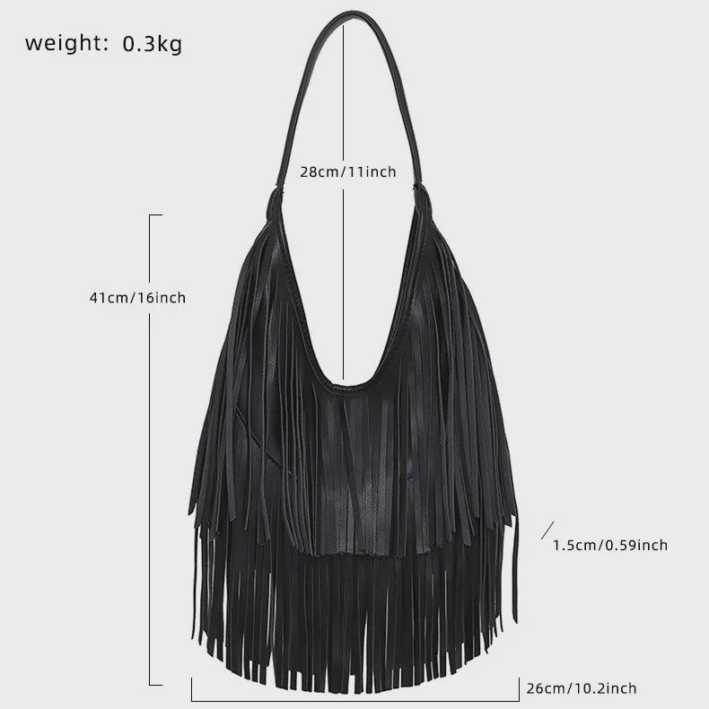 Luxe Dames Schoudertas met Lange Franjes - Zacht PU Leer, Casual Hobo Tote