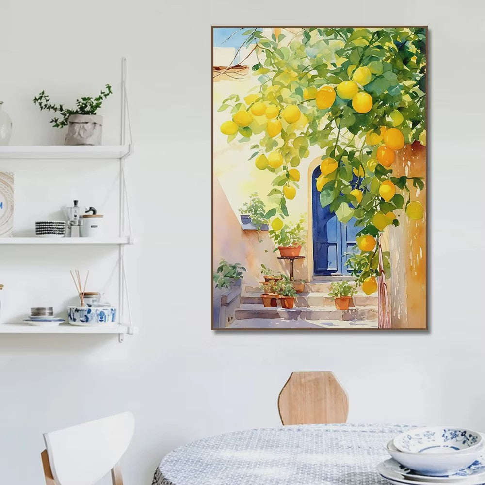 Mediterrane Canvas Poster: Citroenboom en Olijfboom met Grieks Landschap