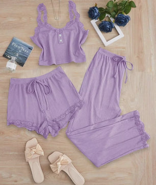 Dames 3-delige Pyjamaset met Kant - Zomer Vest, Shorts & Lange Broek