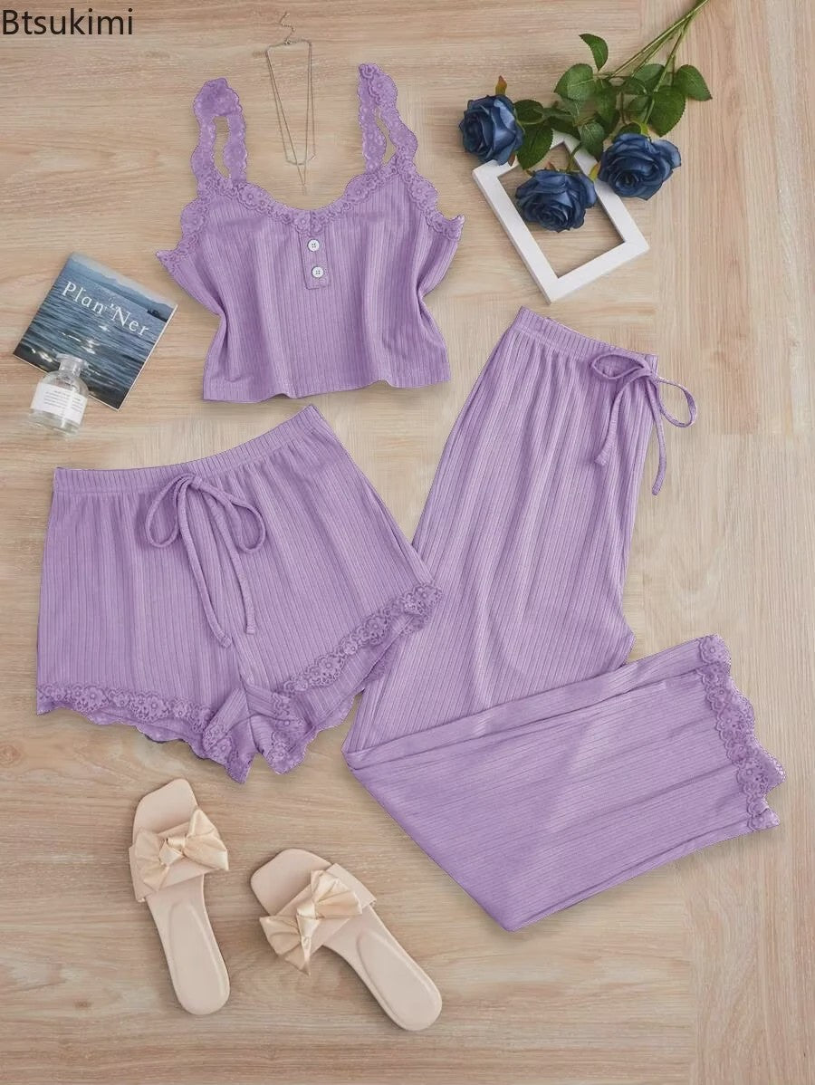 Dames 3-delige Pyjamaset met Kant - Zomer Vest, Shorts & Lange Broek