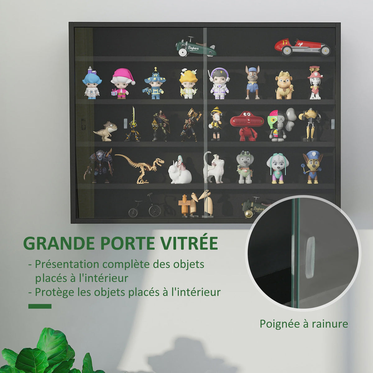 Wandvitrinekast met Glazen Deuren - Zwart - 80x9.5x60cm - 4 Verstelbare Planken voor Miniatuur Collecties