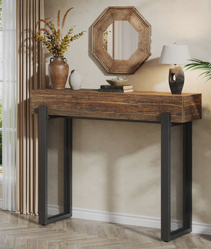 Industriële Houten Console Tafel met Opbergruimte en Metalen Mesh Poten - 104 cm
