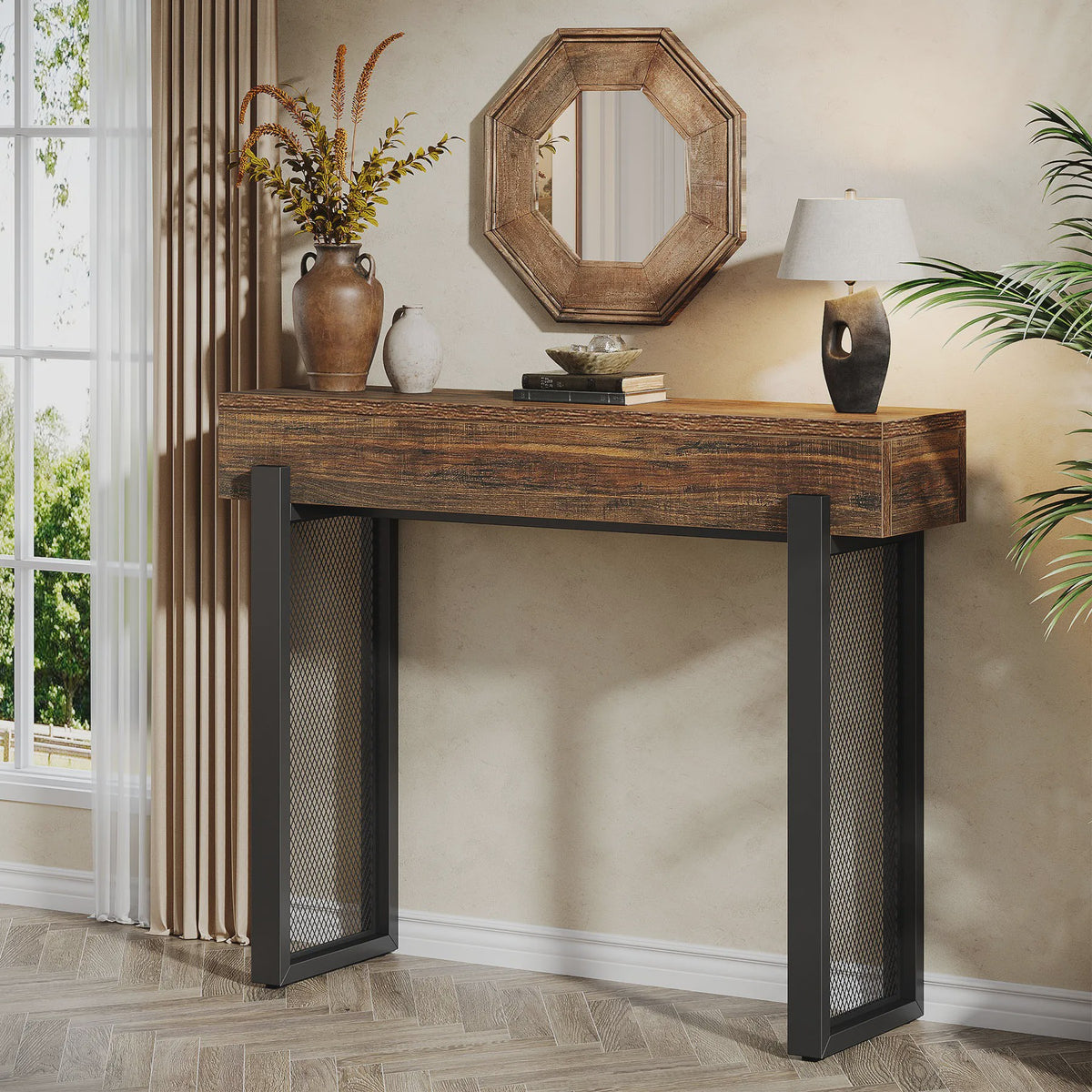 Industriële Houten Console Tafel met Opbergruimte en Metalen Mesh Poten - 104 cm