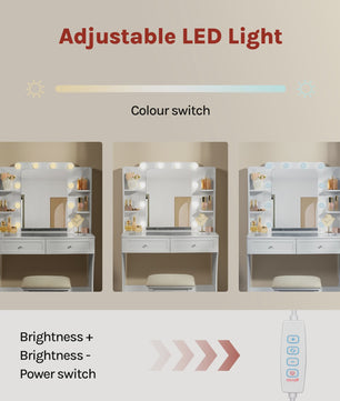 Witte Kaptafel met Verstelbare 3-Kleur Verlichting en Glazen Tafelblad - Stijlvolle Make-up Opbergruimte
