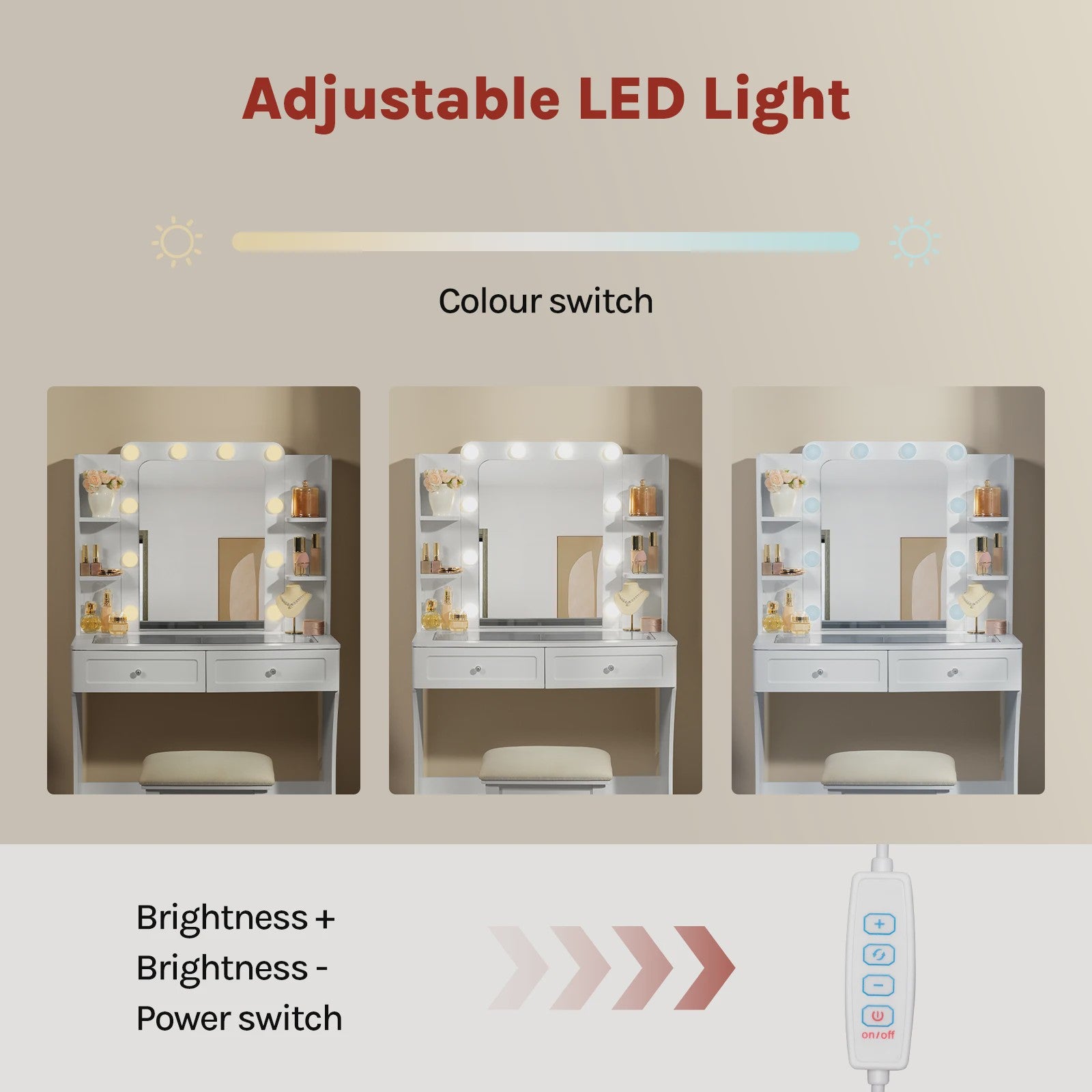 Witte Kaptafel met Verstelbare 3-Kleur Verlichting en Glazen Tafelblad - Stijlvolle Make-up Opbergruimte