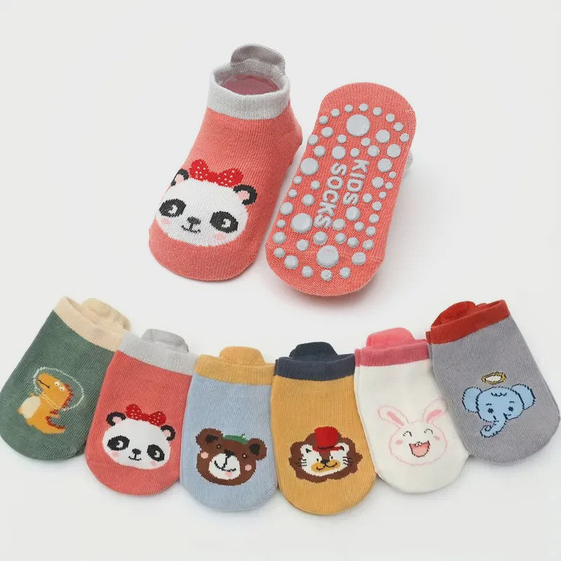 6 Paar Leuke Kinder Sokken met Antislip - Katoen, Ademend & Comfortabel - Schattige Dierenprintjes