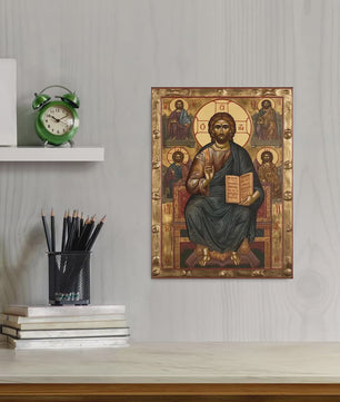 Byzantijnse Wanddecoratie: Jezus op de Troon van de Almachtige - Gouden Religieuze Kunst