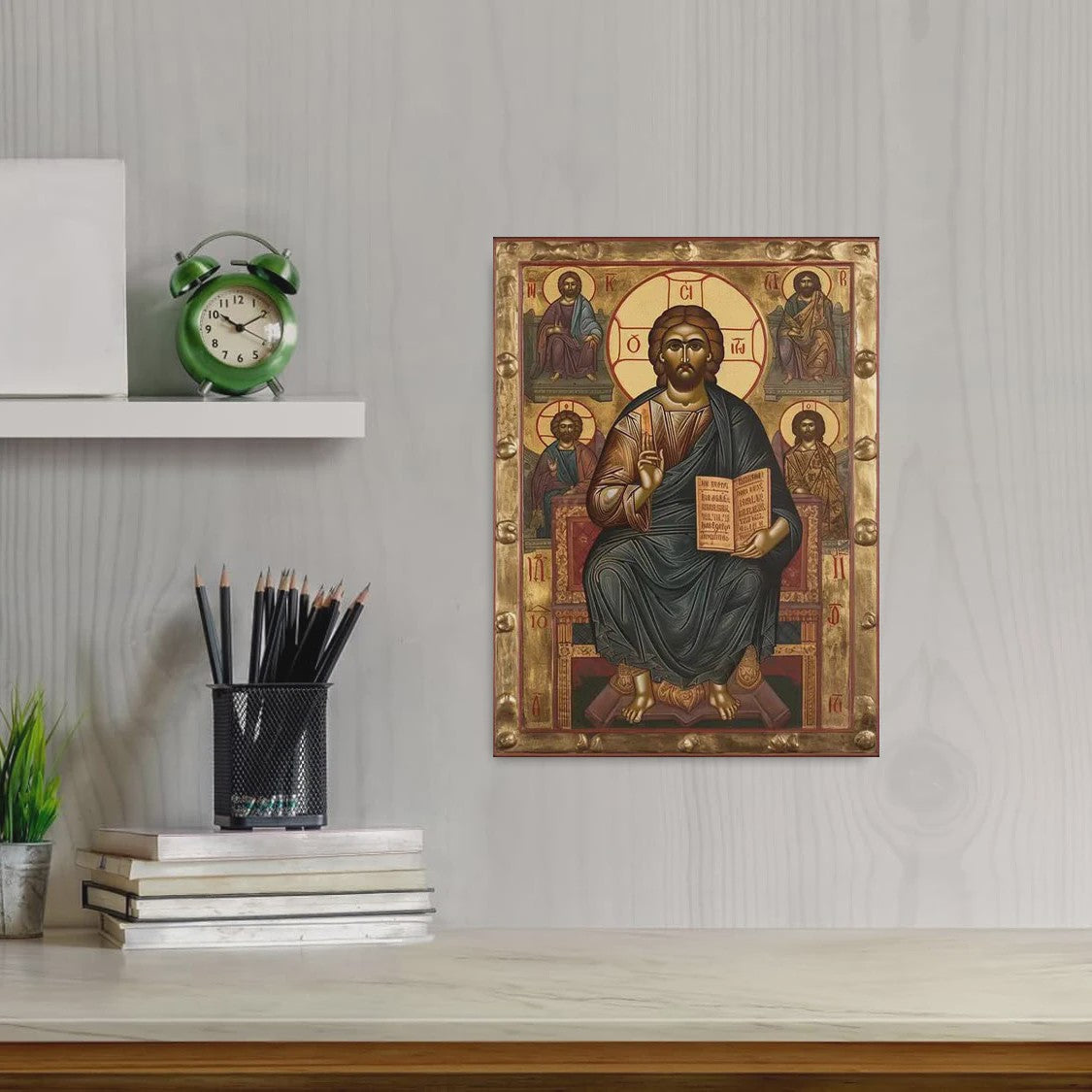 Byzantijnse Wanddecoratie: Jezus op de Troon van de Almachtige - Gouden Religieuze Kunst