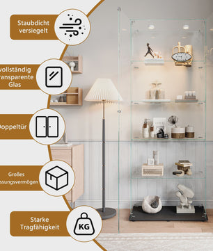 Glazen Vitrinekast met 5 Legborden, LED Verlichting en Slot - Zwart