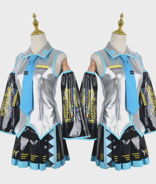 Compleet Miku Cosplay Kostuum: Zilverkleurig Leer & Zeemansjurk Uniform met Accessoires