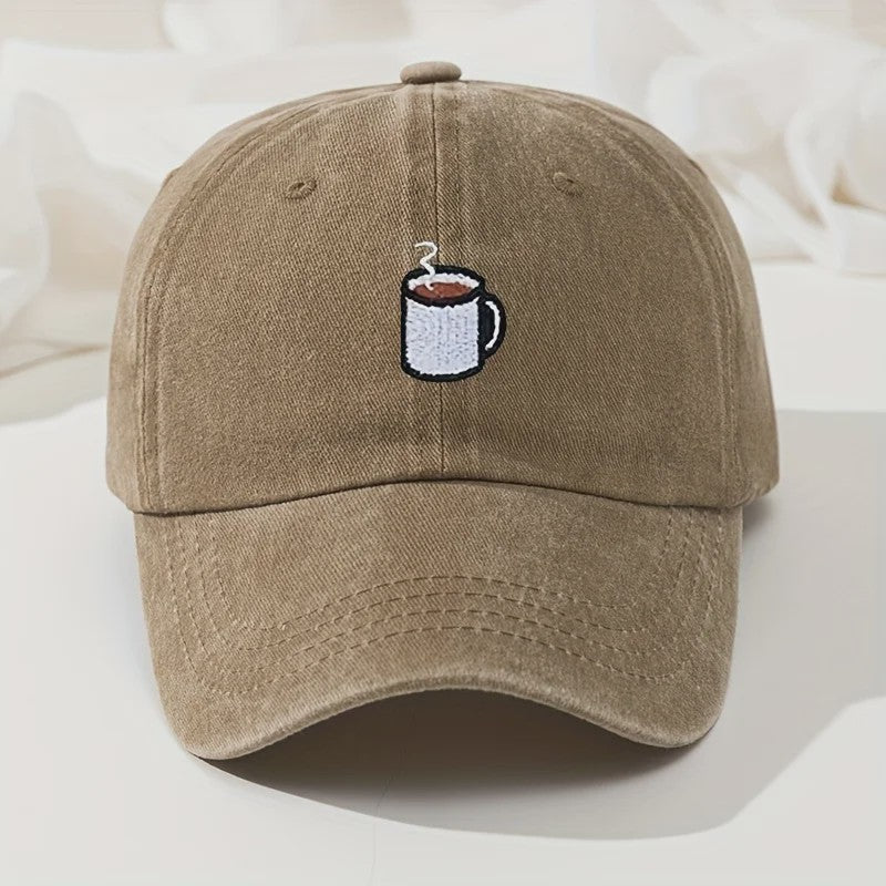 Retro Gewassen Baseball Cap met Koffiekopje Borduurwerk - Verstelbaar & Casual