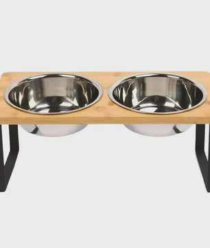 Verhoogde Houten Voerbak voor Katten en Honden - 15° Kantelbaar met RVS Kom