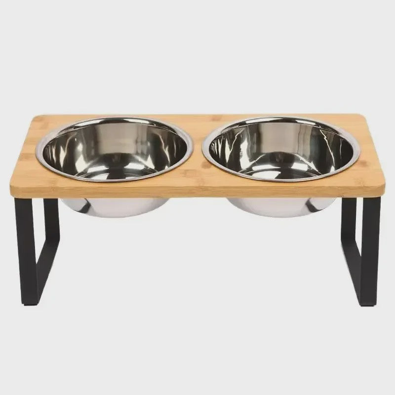 Verhoogde Houten Voerbak voor Katten en Honden - 15° Kantelbaar met RVS Kom