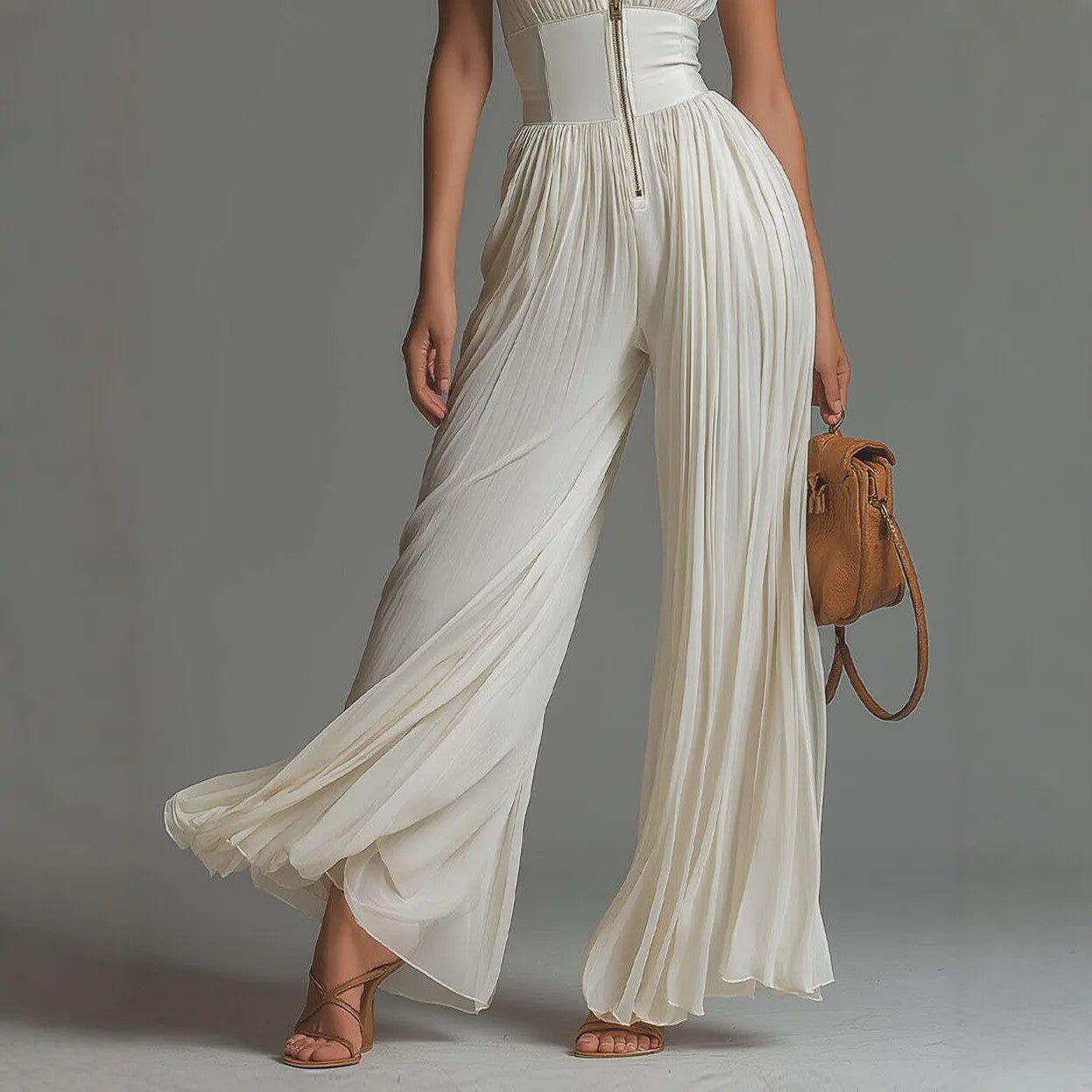 Elegante Dames Jumpsuit met Plooien, Wijde Pijpen en Opstaande Kraag - Zomerse Mouwloze Stijl