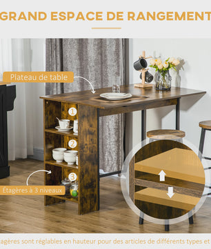 Bartafel met uitklapbaar blad en 3 open vakken - Rustiek bruin - 120x76x91.4 cm