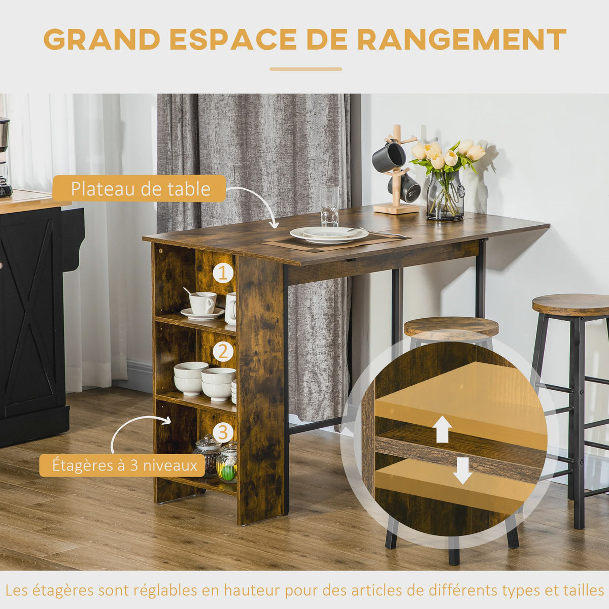 Bartafel met uitklapbaar blad en 3 open vakken - Rustiek bruin - 120x76x91.4 cm