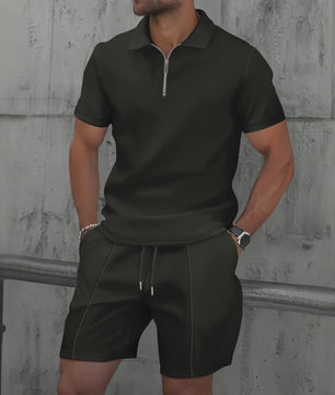 Zomerse Wafel Set: Poloshirt met Rits en Shorts