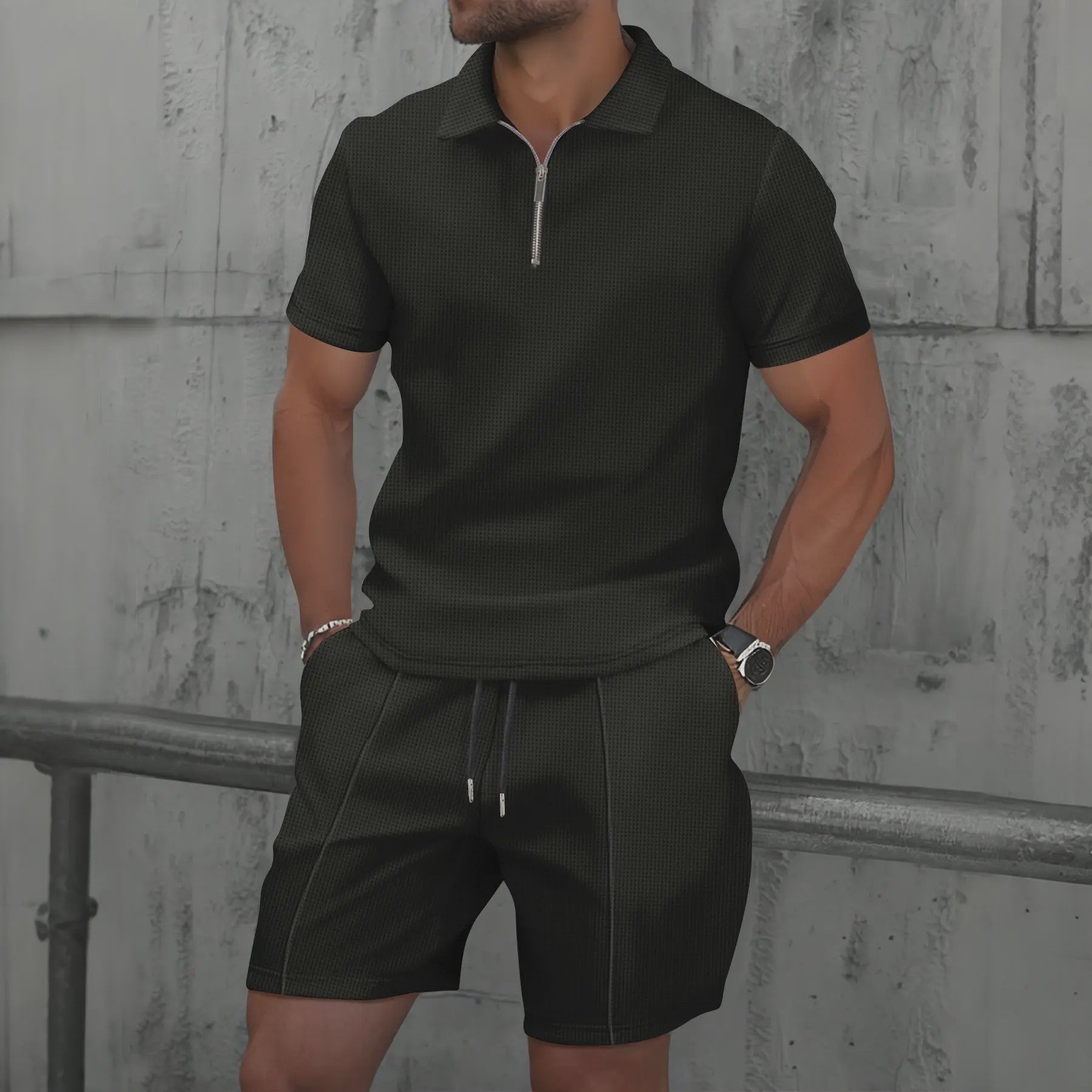 Zomerse Wafel Set: Poloshirt met Rits en Shorts