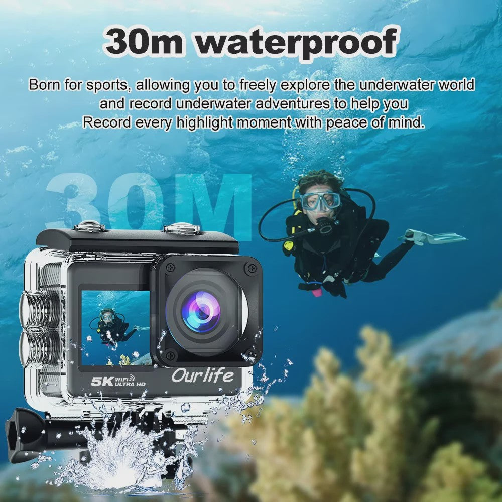 Ourlife 5K Action Camera met 2.0" Touchscreen, WiFi, 170° Groothoek & 30M Waterdicht