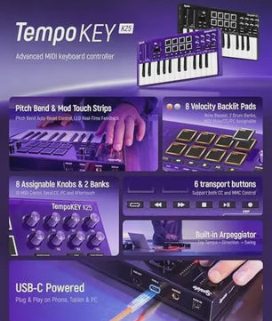 Synido Tempokey K25 USB MIDI Keyboard Controller met Drum Pads en OLED Scherm