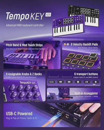 Synido Tempokey K25 USB MIDI Keyboard Controller met Drum Pads en OLED Scherm