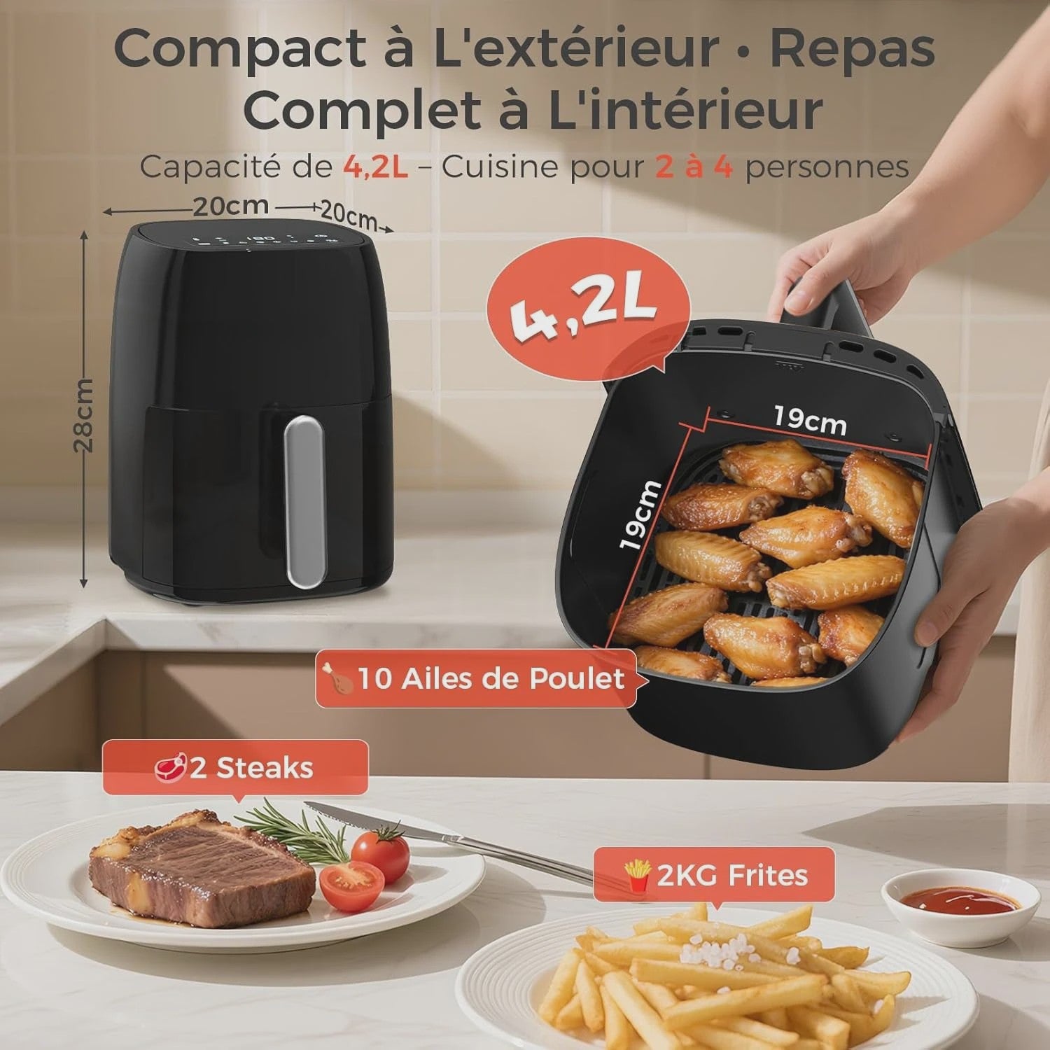 4.2L Airfryer met LED Touchscreen, 6 Voorgeprogrammeerde Menu's & Timer