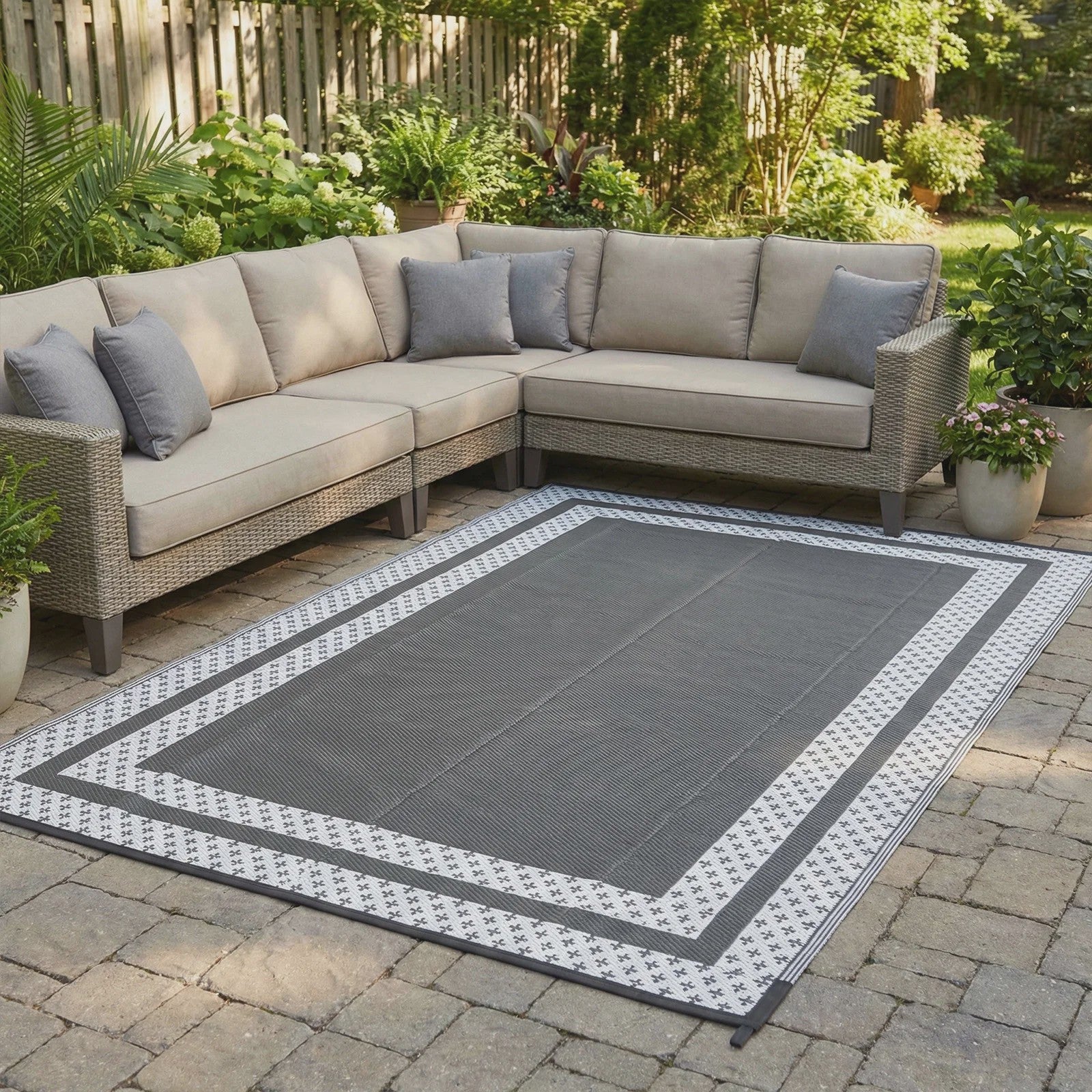 Outdoor Mat 6x9 ft met Grondpennen - Duurzaam PP, Grijs/Wit, voor Tuin, Camping & Strand