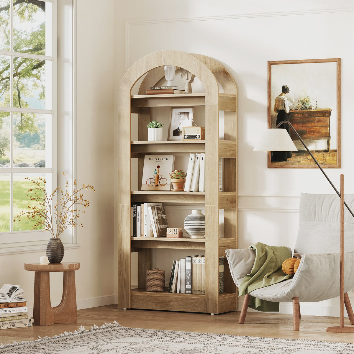 Boogvormige Boekenkast Rustiek Eikenhout - 5 Niveaus - Modern Decoratief Display - 80 cm Breed
