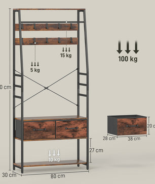 Industriële Entree Meubel met 2 Lades, 10 Haken en Schoenenrek - Zwart & Rustiek Bruin