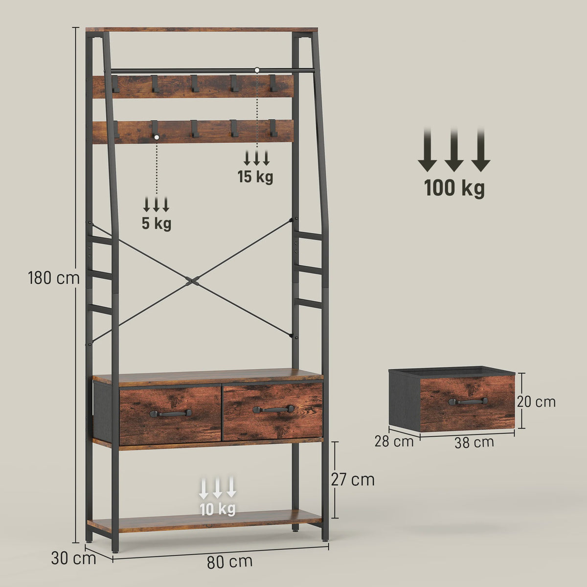 Industriële Entree Meubel met 2 Lades, 10 Haken en Schoenenrek - Zwart & Rustiek Bruin