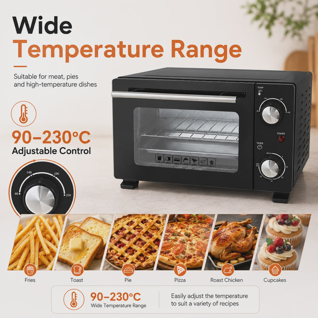 Compacte Elektrische Oven 10L - 800W, 90-230°C, Timer, Bakplaat & Rooster