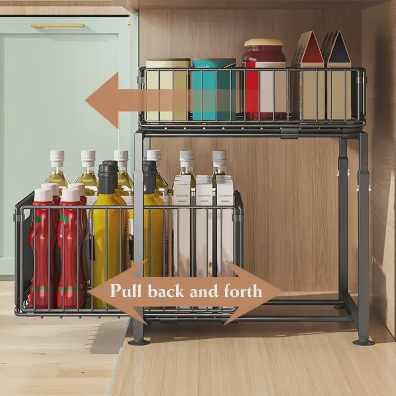 2-Laags Uittrekbare Kast Organizer - Verstelbare Keuken Opbergmand Onder Spoelbak