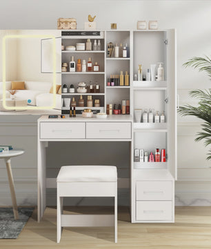 Dressing Tafel met LED Spiegel, 4 Lades en 1 Deur - Wit, Elegant & Modern
