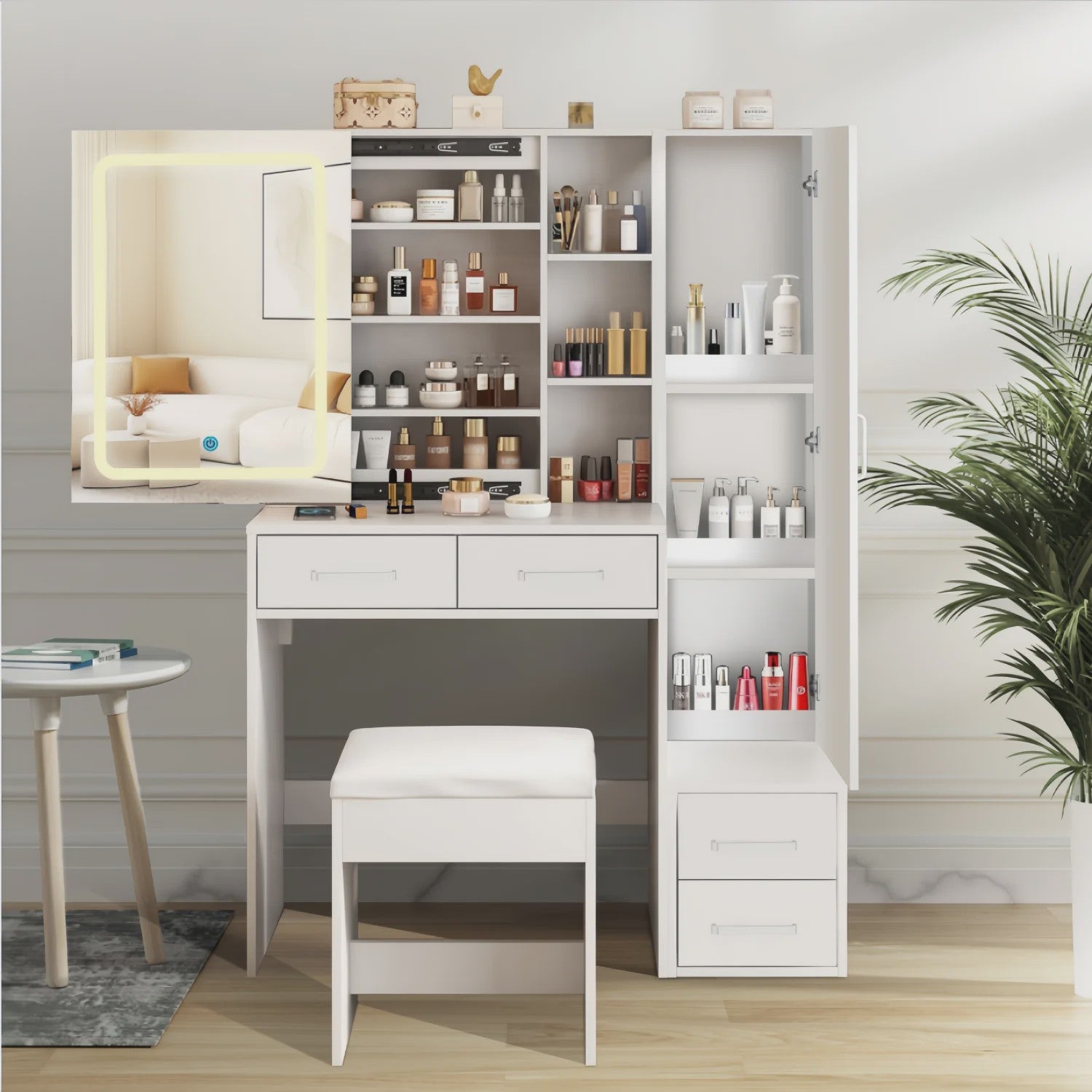 Dressing Tafel met LED Spiegel, 4 Lades en 1 Deur - Wit, Elegant & Modern