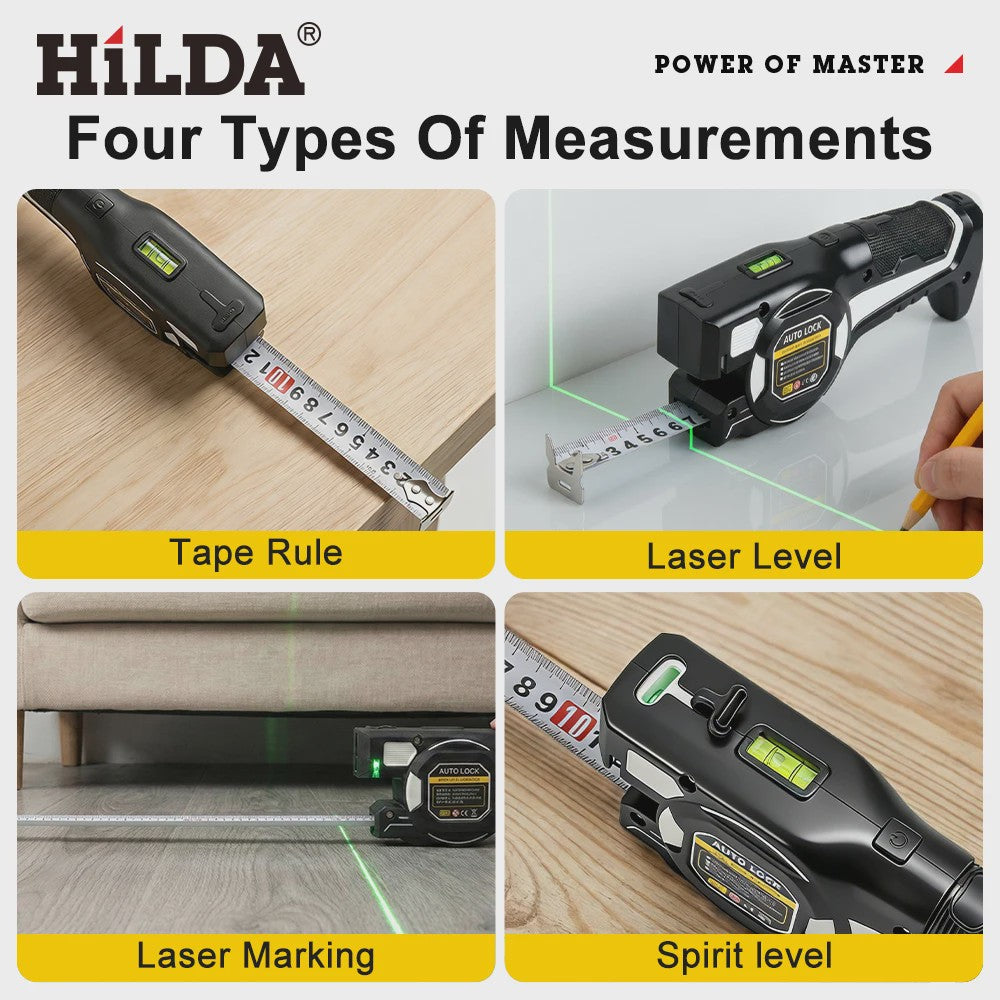 HILDA Laser Meetlint met Groen Laserwaterpas & Automatische Vergrendeling - USB Oplaadbaar