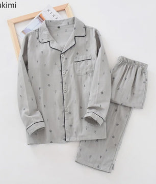 Heren Pyjama Set van 100% Katoen Gauze - Korte Mouw & Print - Comfortabele Homewear voor Zomer
