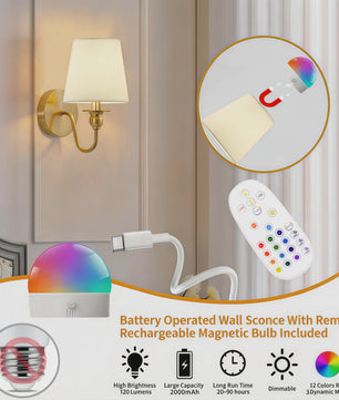 Draadloze Wandlamp Goud met Afstandsbediening & 15 Kleuren LED - Oplaadbaar, Dimbaar, Stoffen Kap