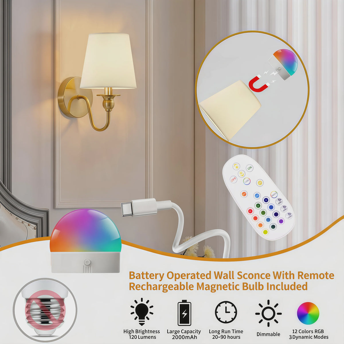 Draadloze Wandlamp Goud met Afstandsbediening & 15 Kleuren LED - Oplaadbaar, Dimbaar, Stoffen Kap