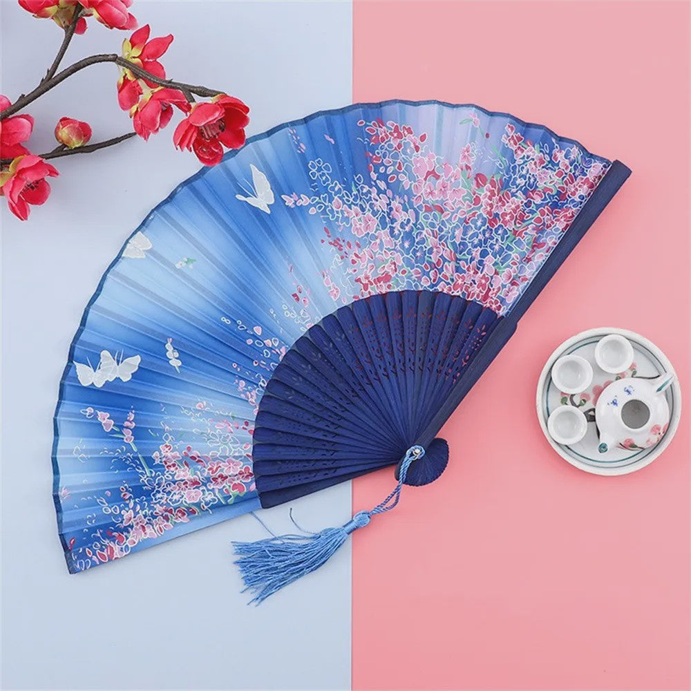 Vintage Zijden Vouwbare Handwaaier - Chinees/Japans Bamboe, Perfect voor Dans & Decoratie