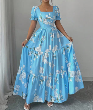 Elegante Dames Maxjurk met Bloemenprint en Vierkante Hals - Perfect voor Zomerfeesten en Bruiloften