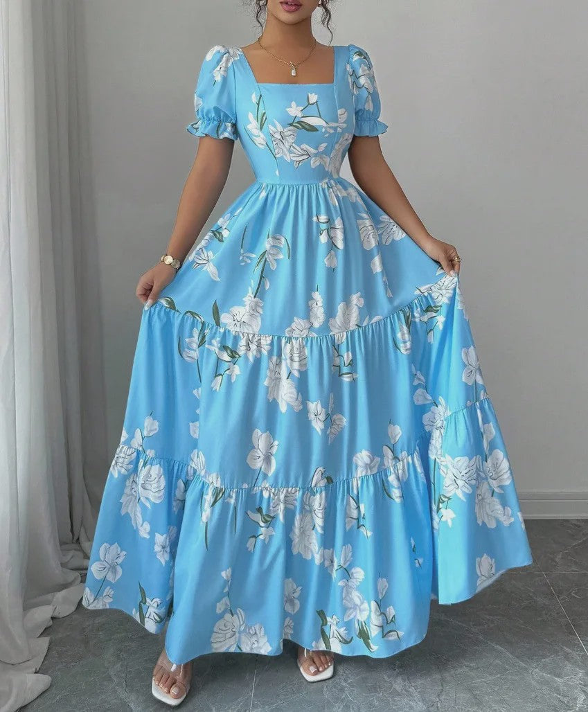 Elegante Dames Maxjurk met Bloemenprint en Vierkante Hals - Perfect voor Zomerfeesten en Bruiloften