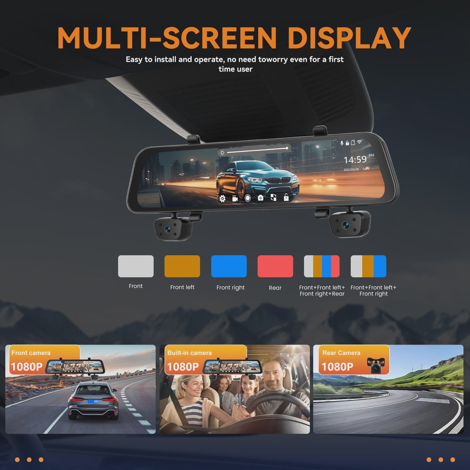12-Inch Touchscreen Auto DVR Dashcam met 4x 1080P Camera's, GPS & Nachtzicht