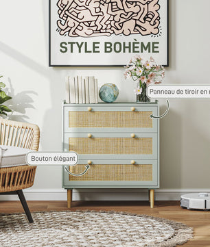 Bohemian Commode met 3 Lades - Rotan Look & Houten Frame - Stijlvolle Slaapkamer Opbergkast