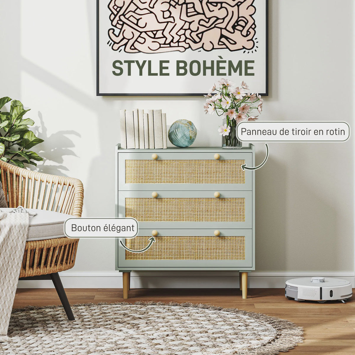 Bohemian Commode met 3 Lades - Rotan Look & Houten Frame - Stijlvolle Slaapkamer Opbergkast