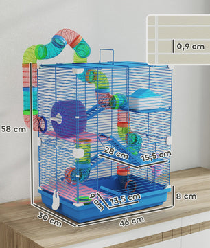 Ruime Hamsterkooi met Tunnels, Platforms, Wieltje en Accessoires (46x30x58 cm)